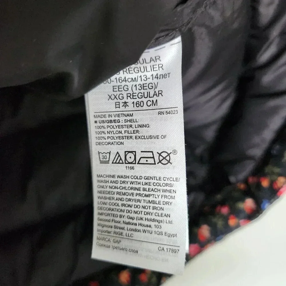 GAP Kids NWOT Puffer Vest Black Floral Full Zip Primaloft Down Alternative XXL - Picture 6 of 8